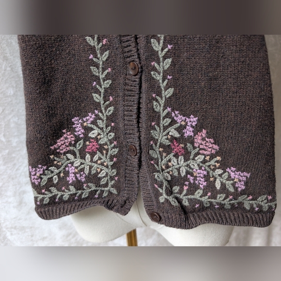 vtg Eddie Bauer Cotton Button-down Sweater 3/4 Sleeve Floral Embroidery - Picture 2 of 5